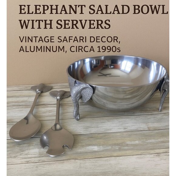 Vintage Elephant Salad Bowl with Servers Safari Wildlife Serving Set - Picture 1 of 14